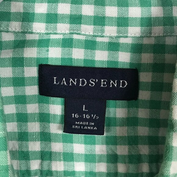 Lands End MENS gingham button down shirt green white check size large casual - Picture 4 of 5
